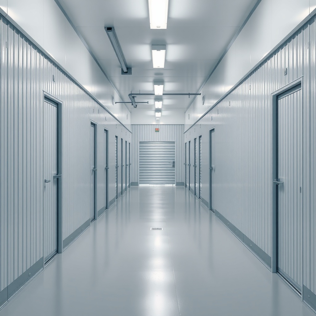 <Clean photorealistic photo of a modern mini storage facility interior with small rooms