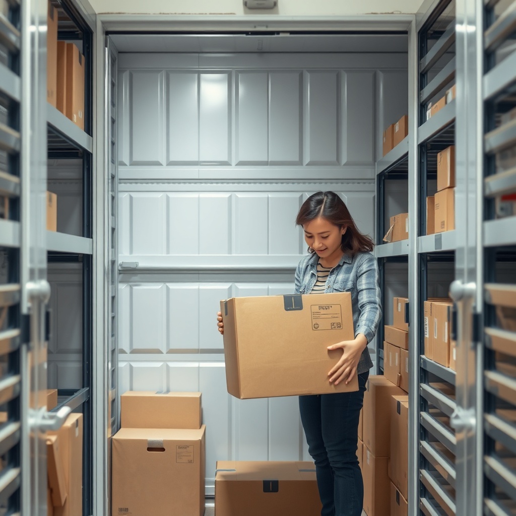 <Clean photorealistic photo of a person packing a box in a mini storage unit
