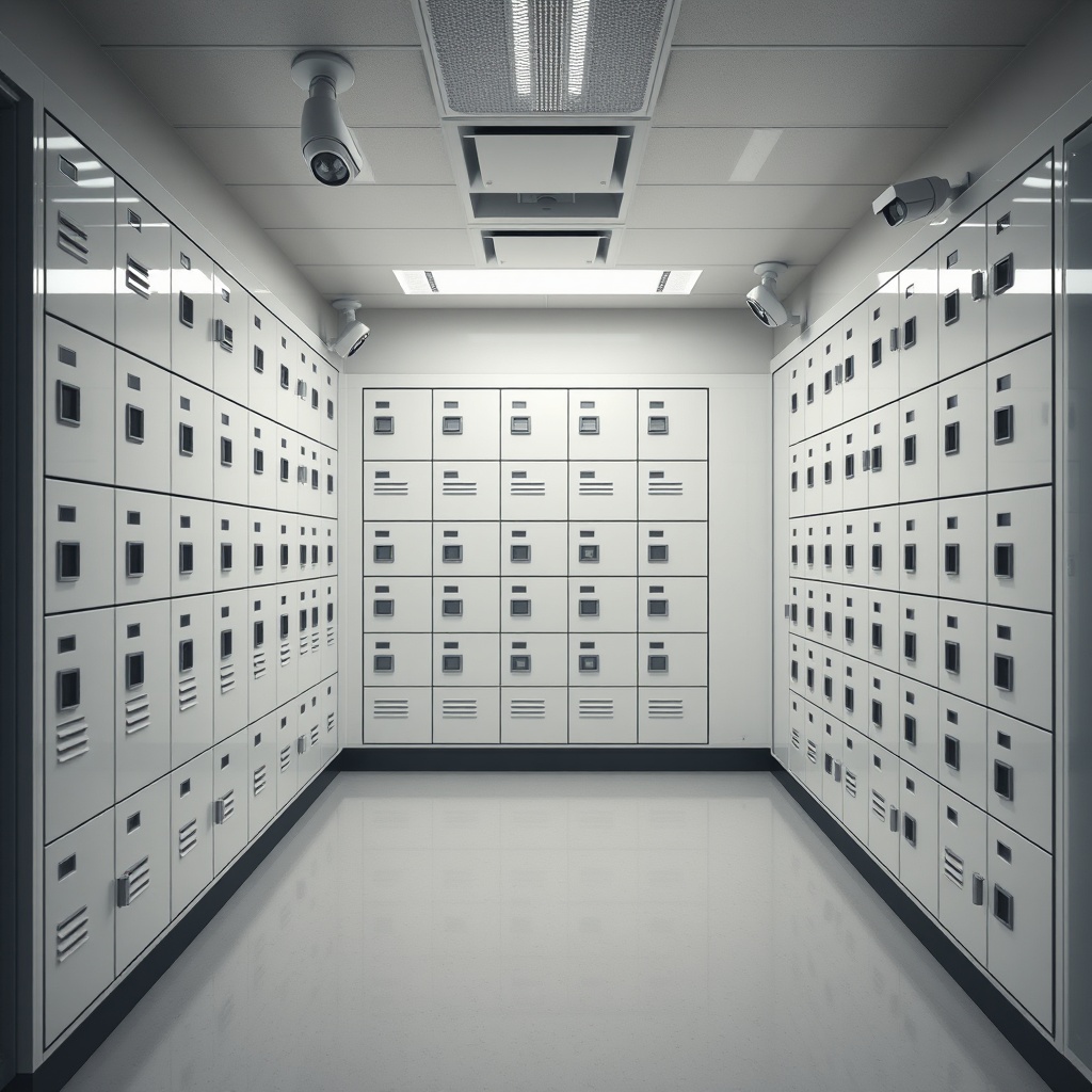 <clean photorealistic photo of a modern mini depo facility with numbered lockers and secur