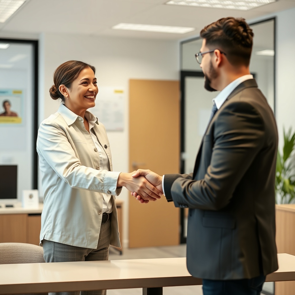 <clean photorealistic photo of a mini depo facility owner shaking hands with a customer in