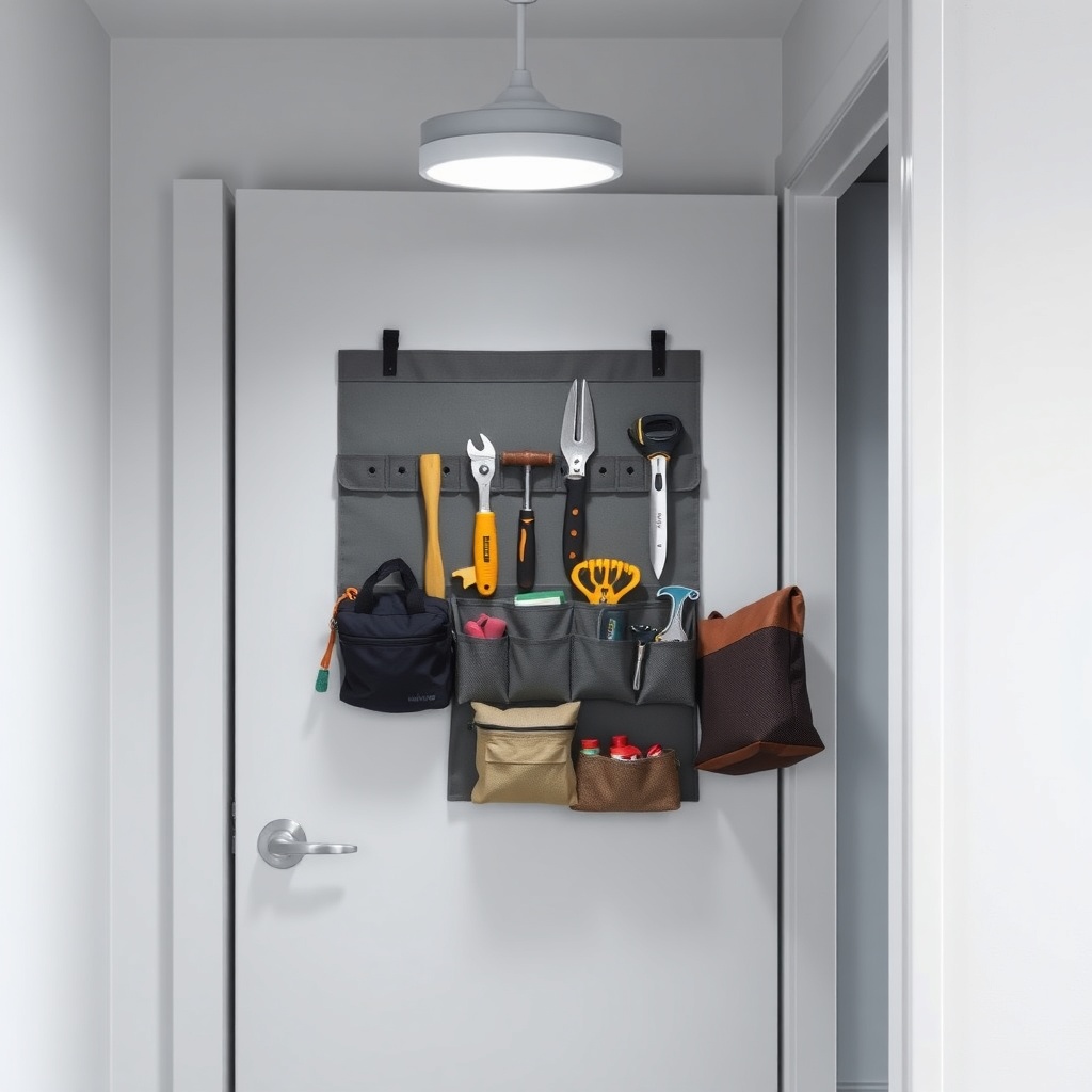 Photorealistic photo of a mini storage room with a door organizer holding various small to