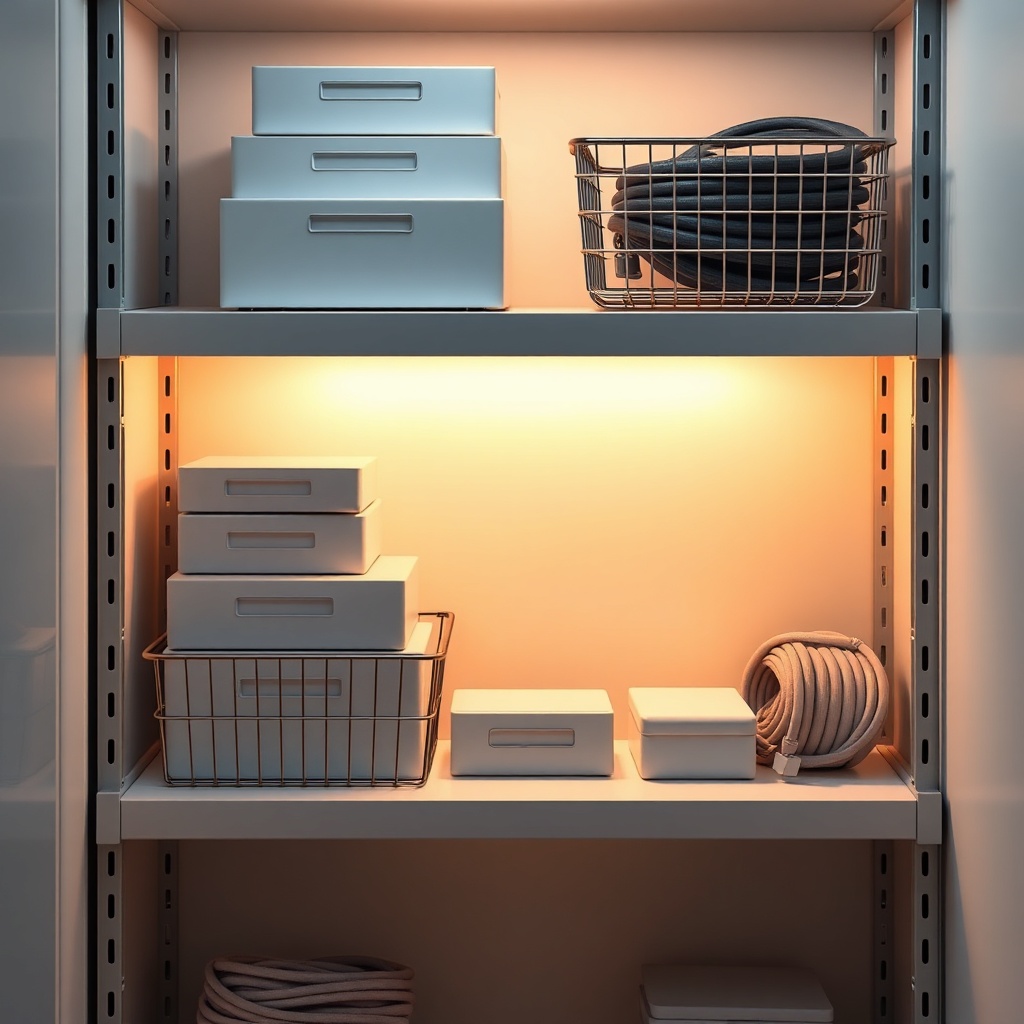 Photorealistic photo of a mini storage shelf with silicone anti-slip mats and wire baskets