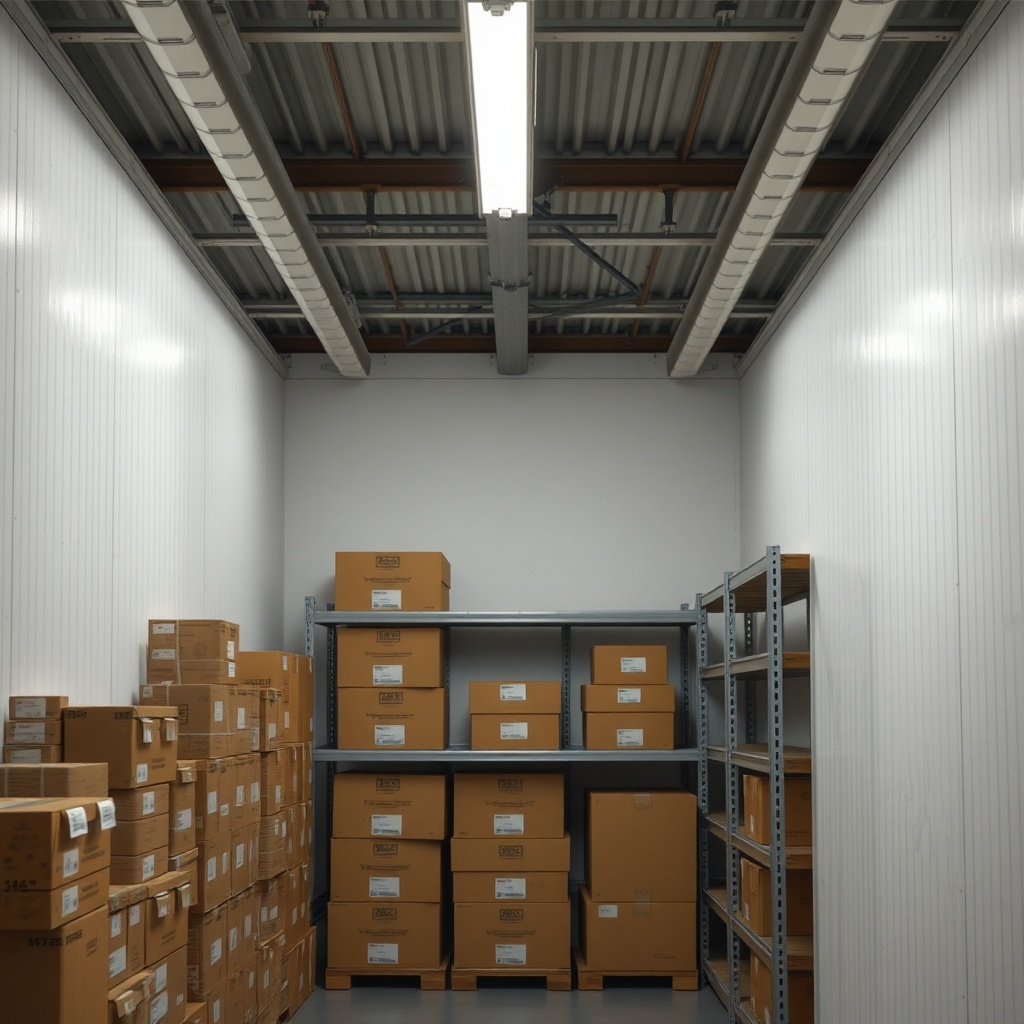 A clean photorealistic photo of a small storage unit with bright LED ceiling lights illumi