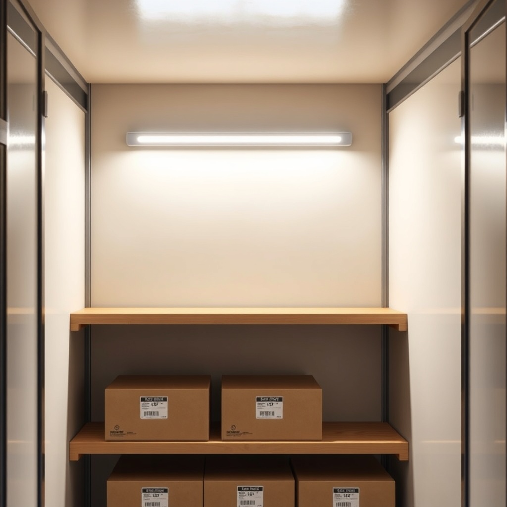 A photorealistic photo showing a wall-mounted LED strip light illuminating a wooden shelf