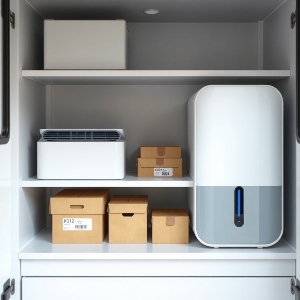 <clean photorealistic photo of a small storage unit with a modern air purifier on a shelf