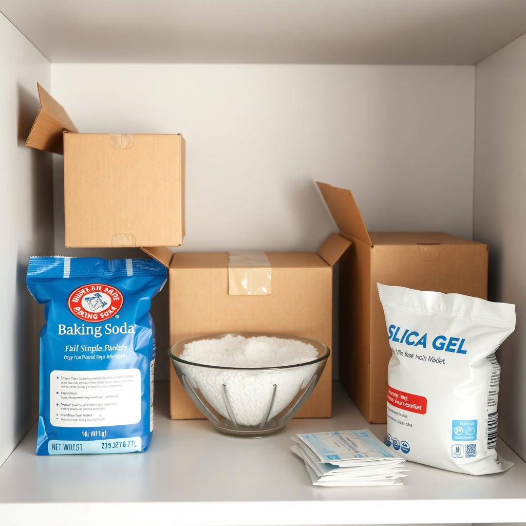 <clean photorealistic photo of a small storage space with open boxes