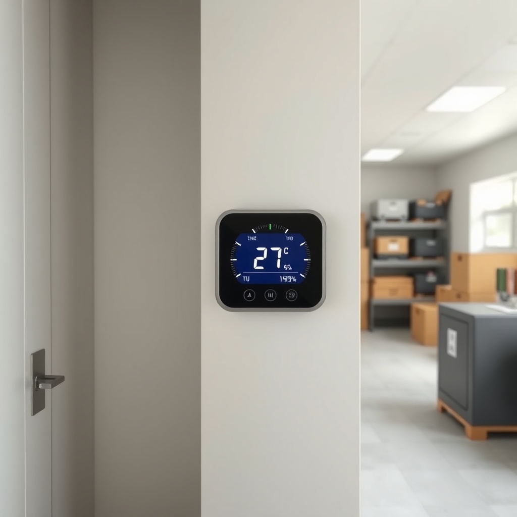 A clean photorealistic photo of a small climate-controlled storage room with a wall-mounte
