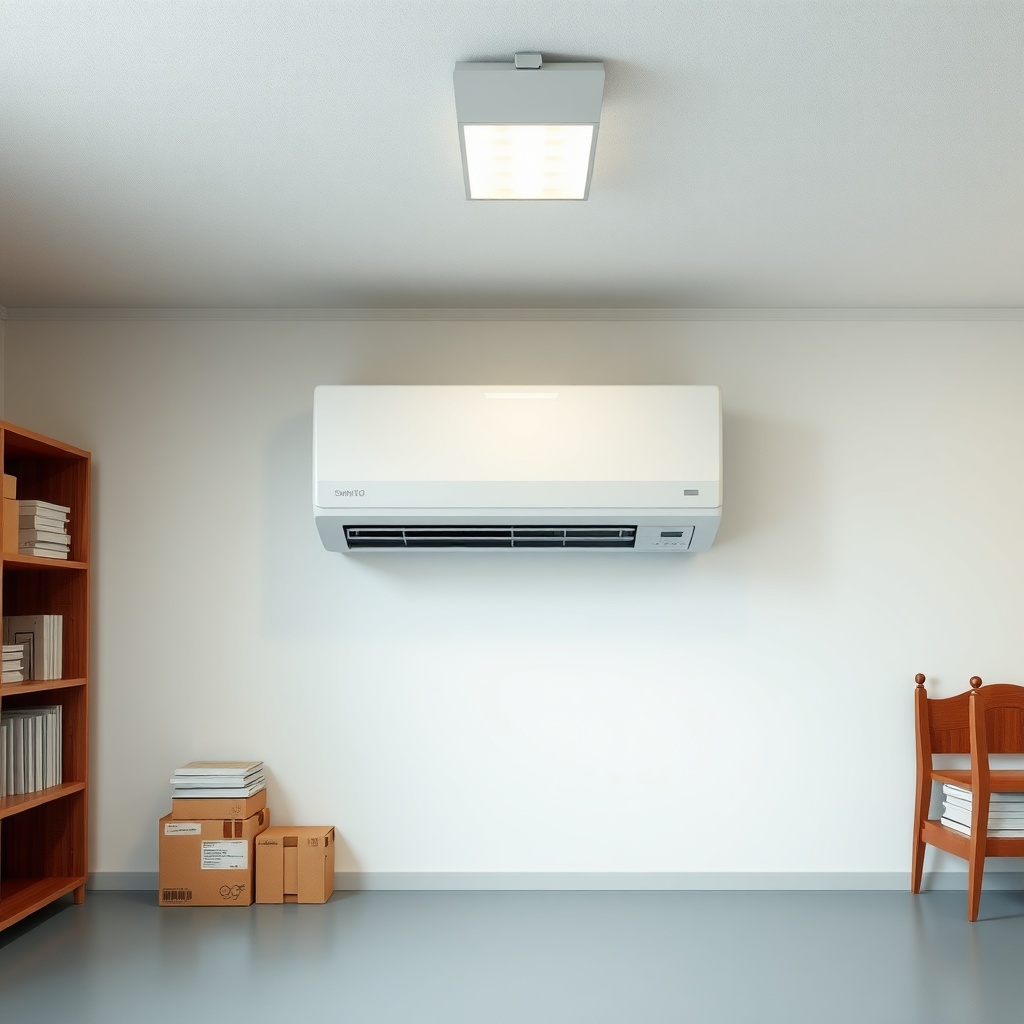 A clean photorealistic photo of a storage room with a split air conditioner installed on t