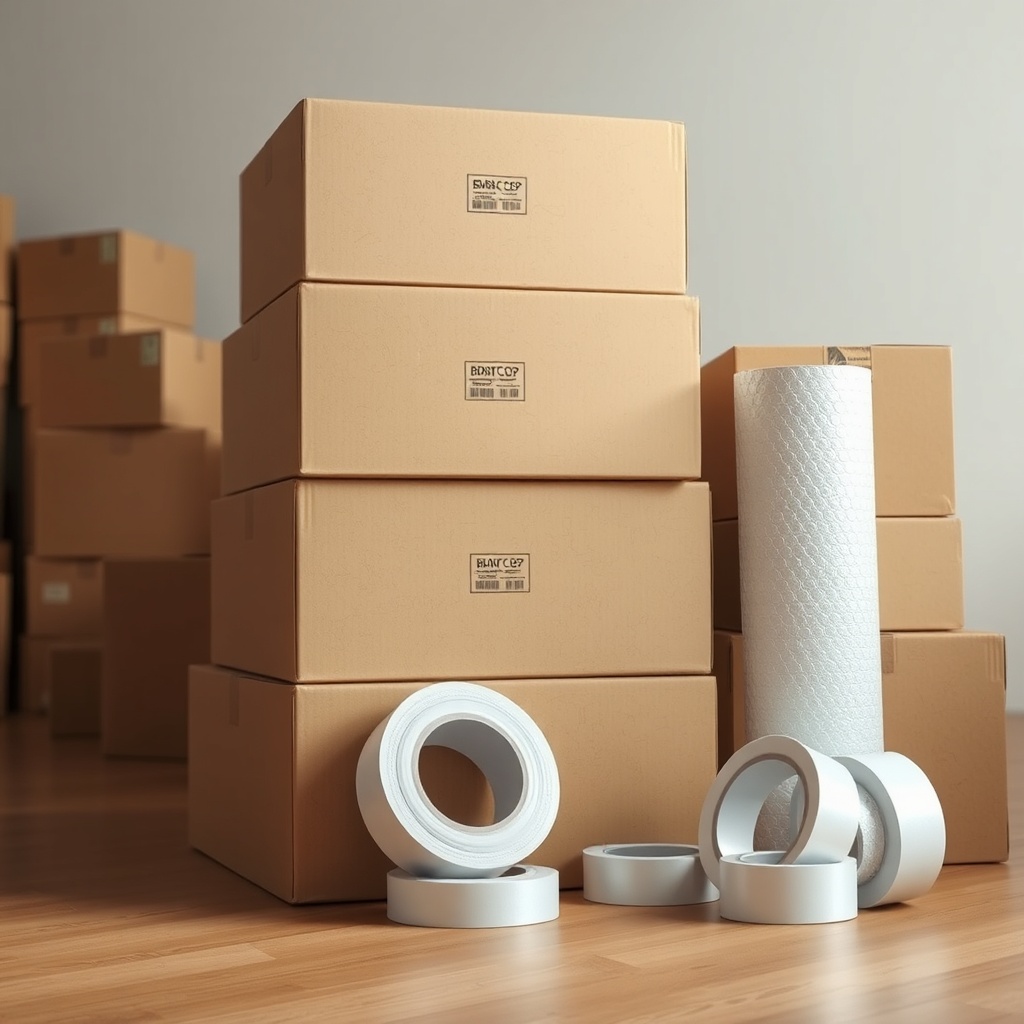 clean photorealistic photo showing a stack of cardboard boxes with bubble wrap rolls and t