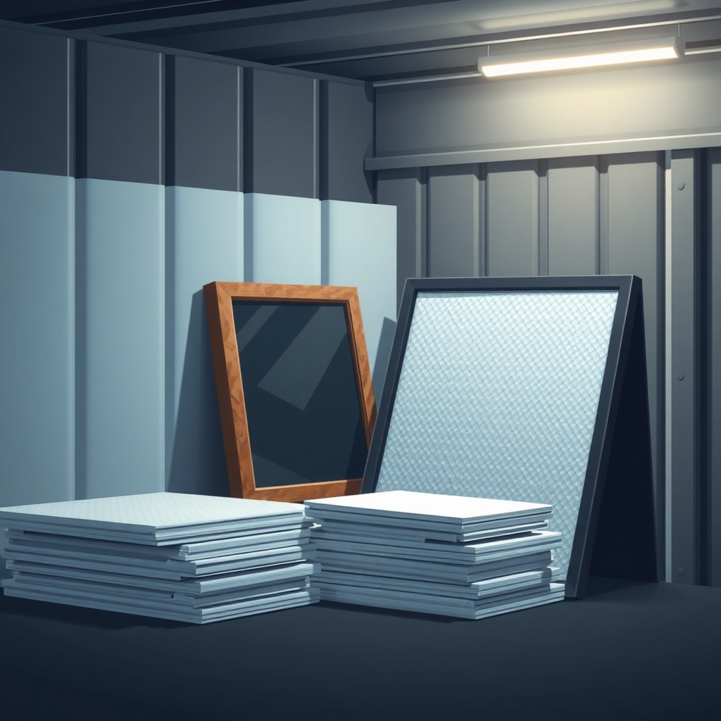 clean photorealistic illustration of foam sheets and bubble mailers next to a framed pictu
