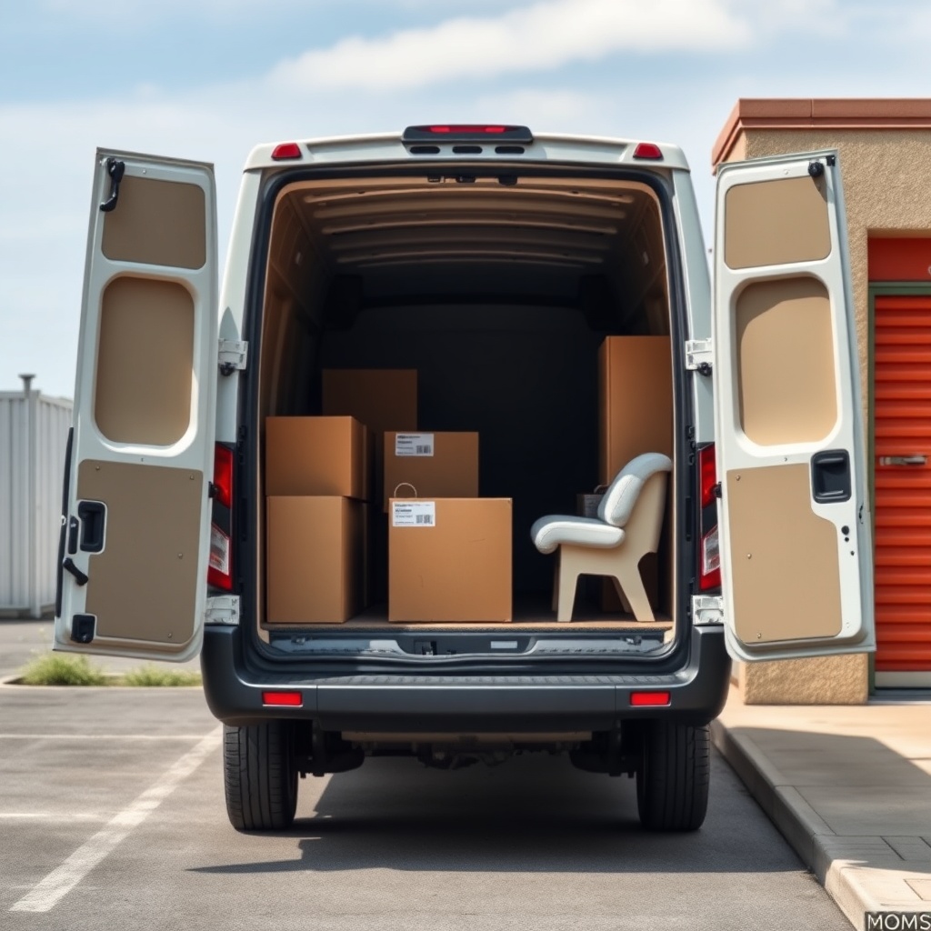 A photorealistic shot of a small moving van parked next to a mini storage unit