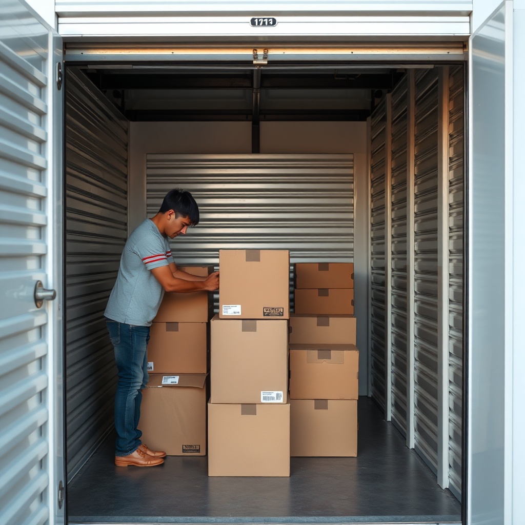 A photorealistic photo of a person carefully stacking boxes inside a mini storage unit