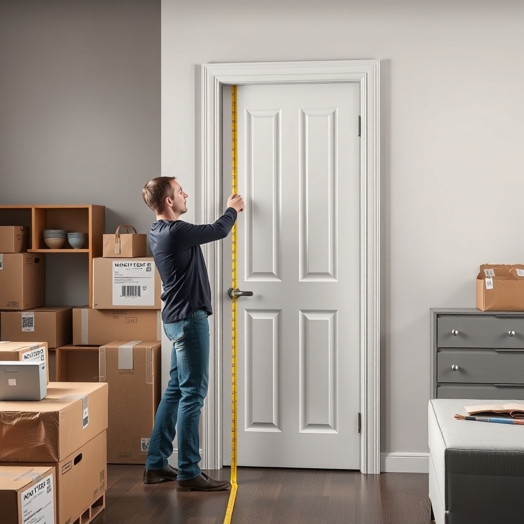 <clean photorealistic photo of a person measuring a mini depo door with a tape measure