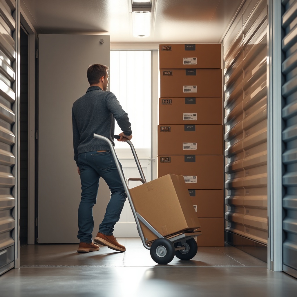 <clean photorealistic photo of a person using a hand truck to move a stacked pile of cardb
