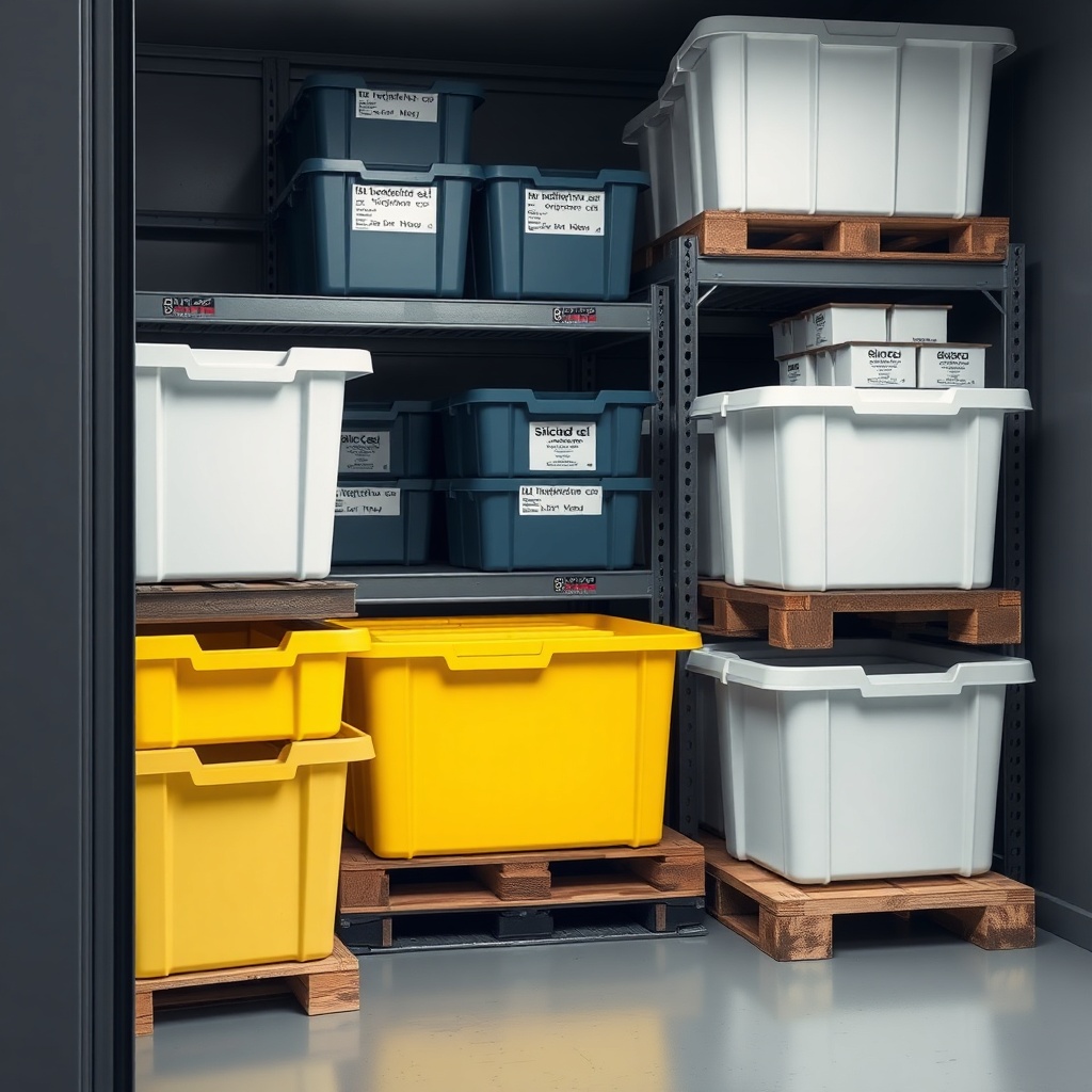 A clean photorealistic photo of a mini depo unit with neatly stacked plastic bins on palle