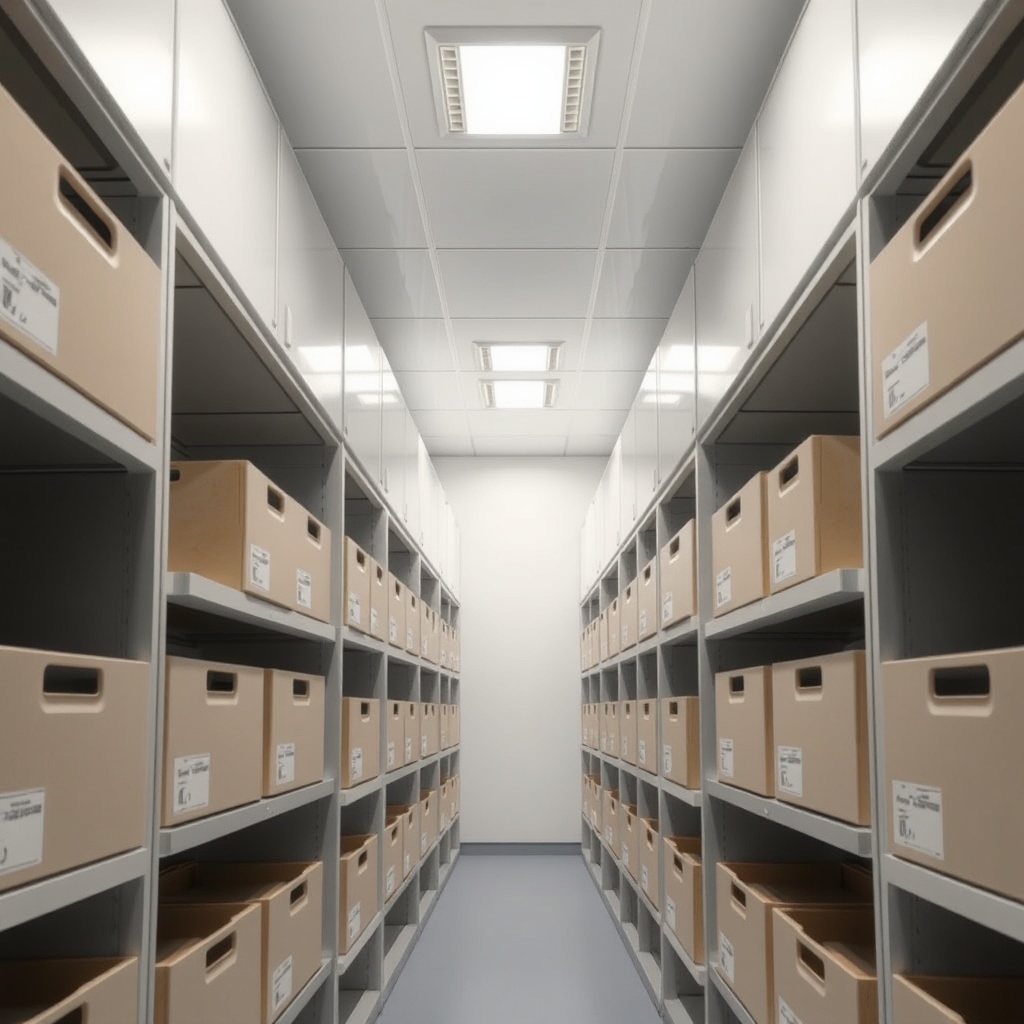 A clean photorealistic photo of a mini depo unit interior with stacked boxes labeled by ca