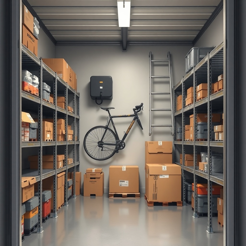 A photorealistic view inside a compact storage unit with floor-to-ceiling metal shelving