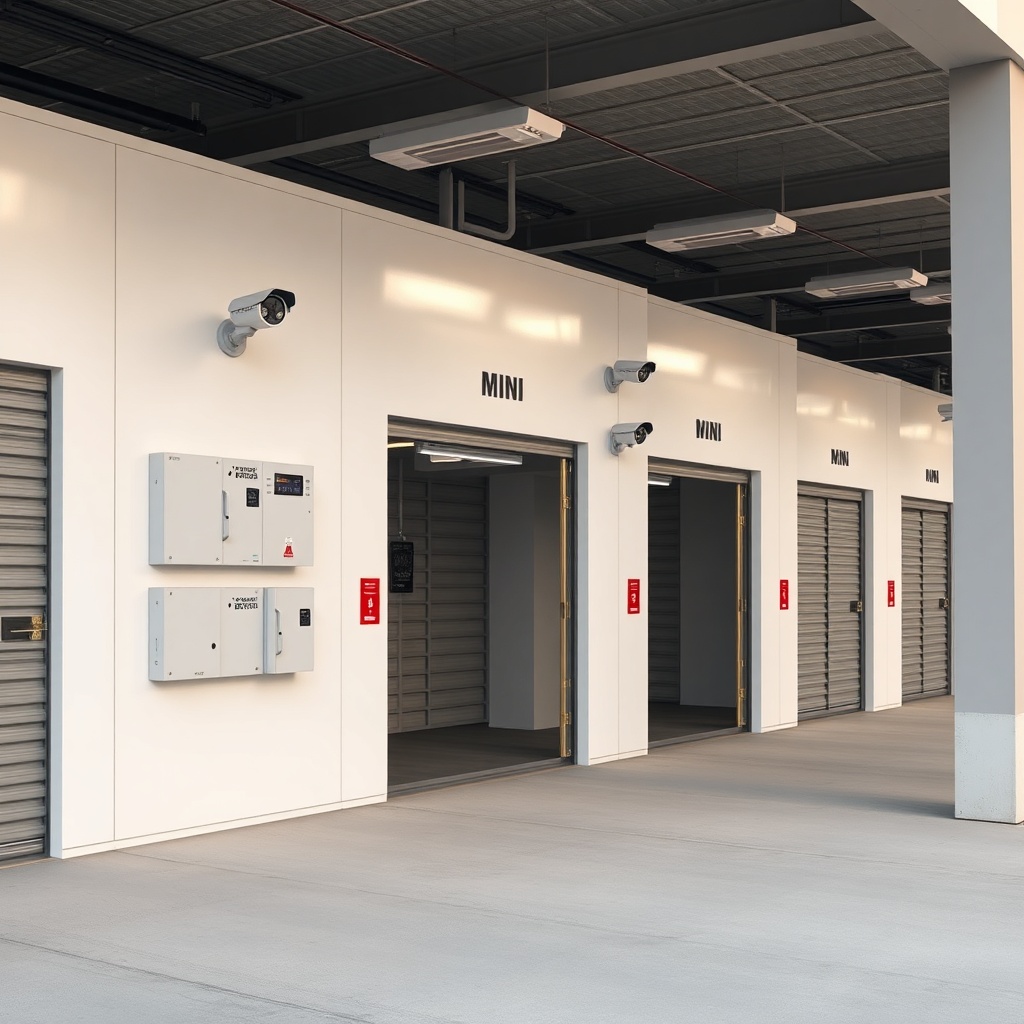 clean photorealistic photo of a modern mini storage facility with surveillance cameras and