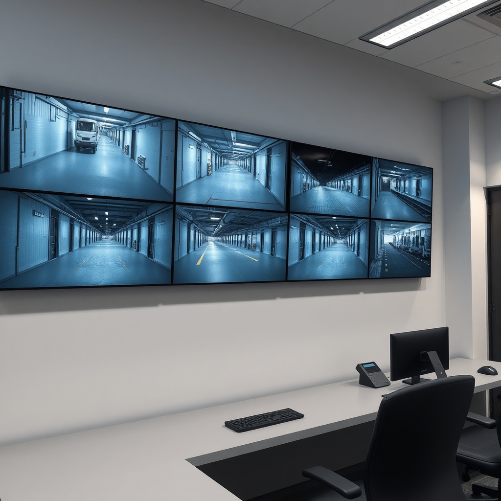 A photorealistic illustration of a security monitor wall showing multiple camera feeds of