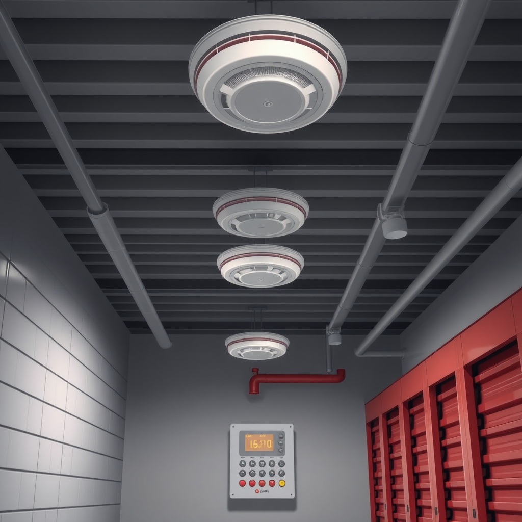 <clean photorealistic photo/illustration of a modern storage facility interior with smoke