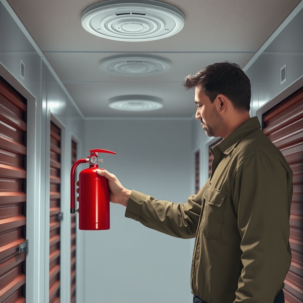 <clean photorealistic photo/illustration of a person inspecting a fire extinguisher in a s
