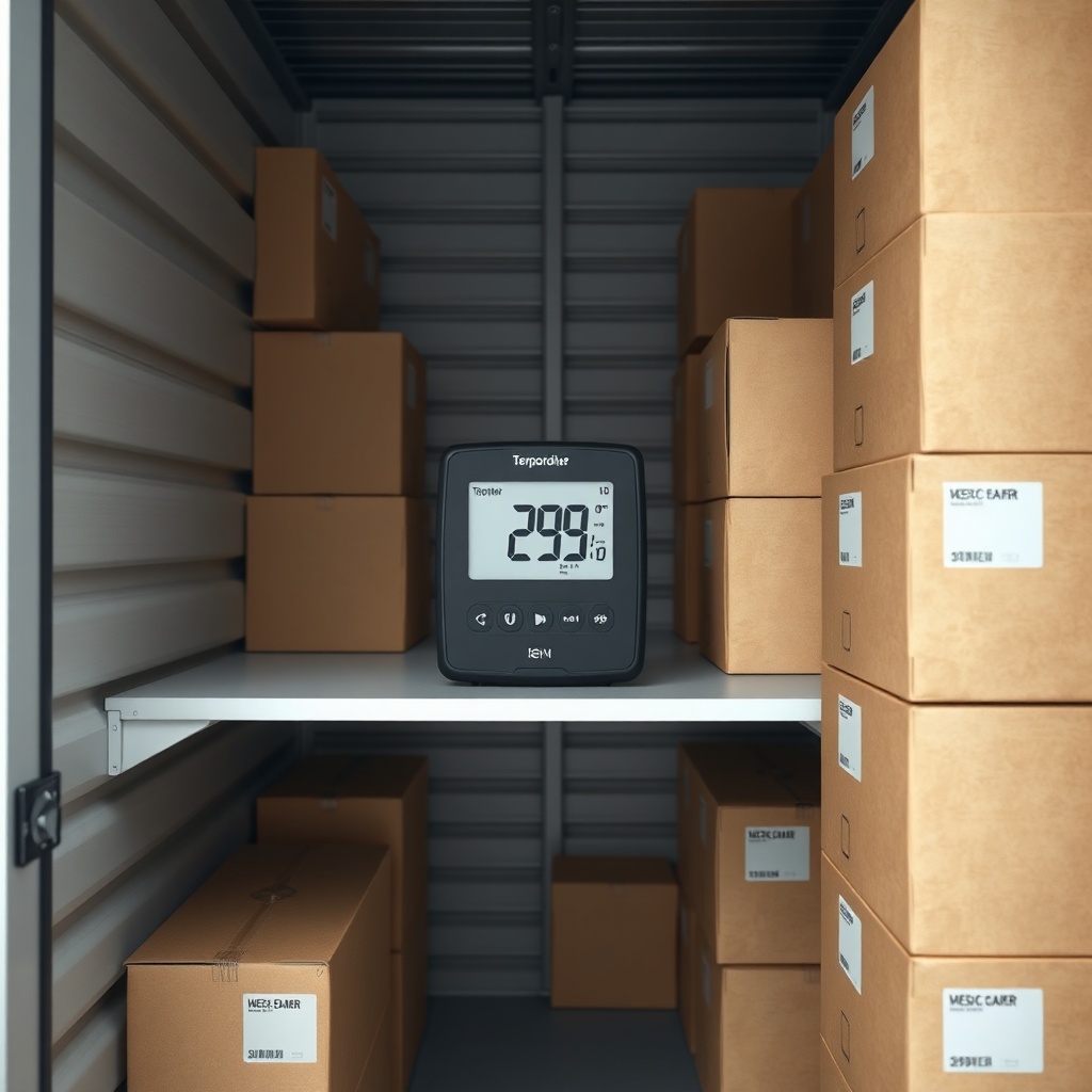 <clean photorealistic photo of a temperature and humidity monitor device placed on a shelf