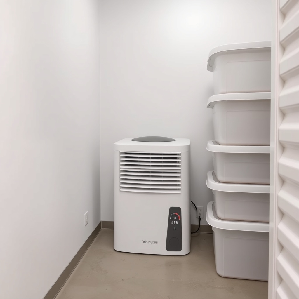 <clean photorealistic photo of a dehumidifier device running in a storage unit corner