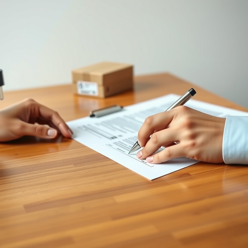 A photorealistic photo of a person signing a document with a pen at a wooden desk